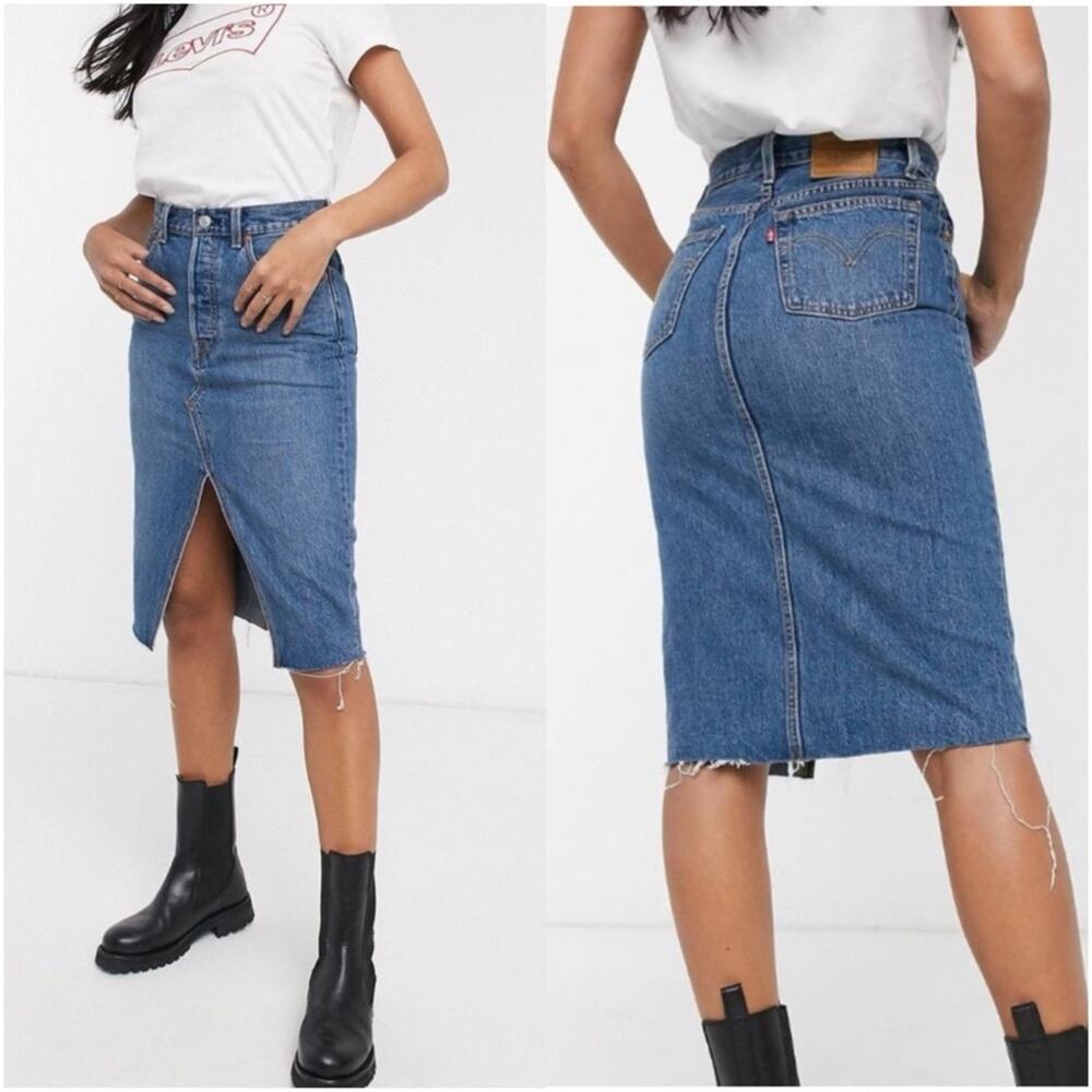 LEVI’S High Rise Deconstructed Denim Midi Skirt